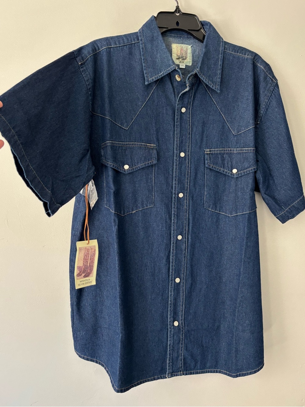 Vintage Men Button Up Navy Blue Short Sleeve Preppy Denim Western Shirt - Large